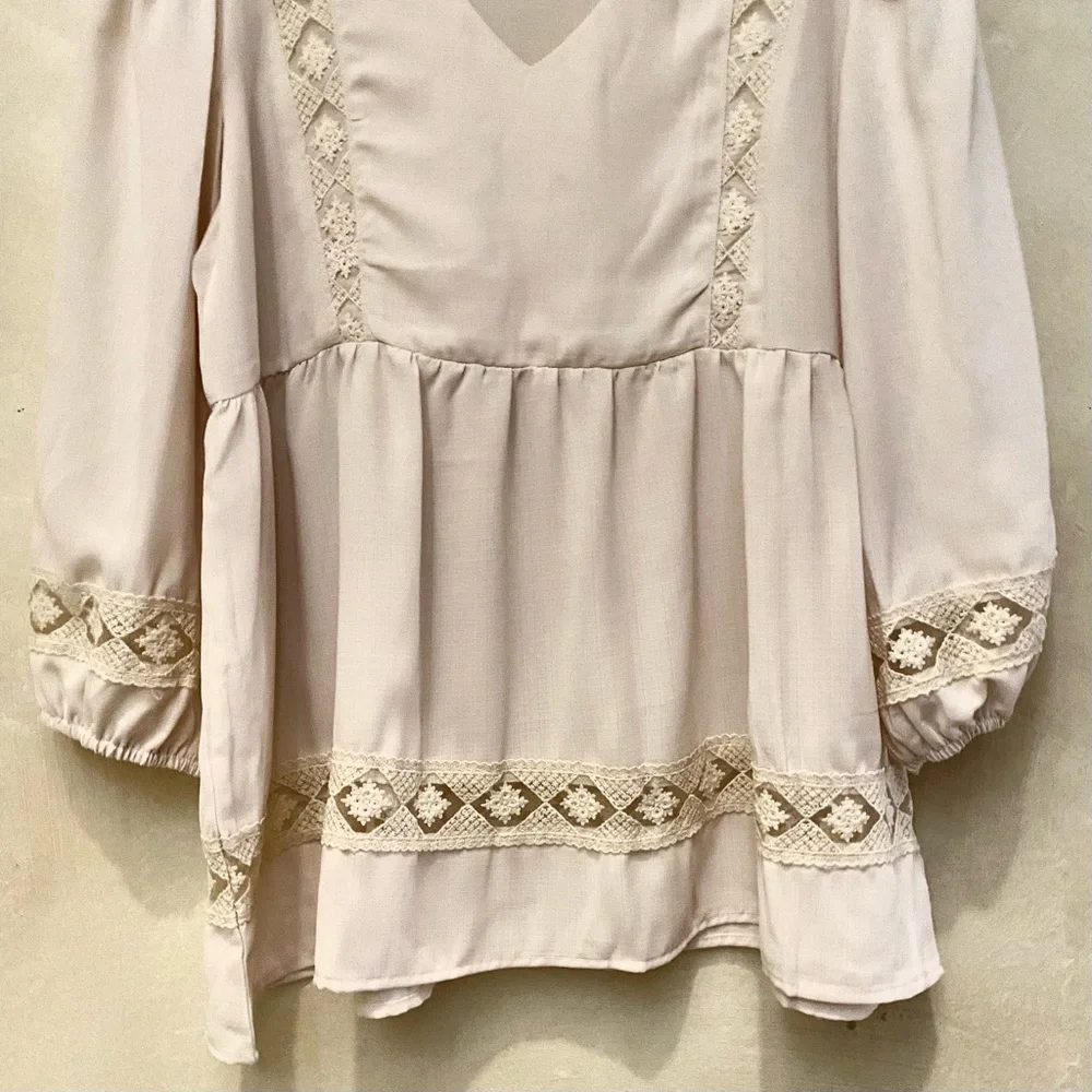 🪶3/$35 Ivory Lace Embroidered Babydoll 3/4 Sleeve SUZANNE BETRO Linen Blouse-S - Picture 5 of 16